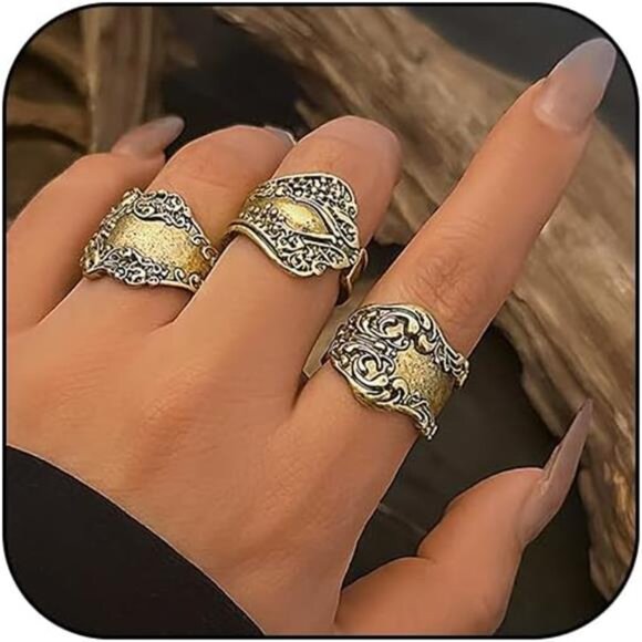 ✨ Bold Boho Spoon Ring Set | Chunky Gold Adjustable Rings | Vintage Floral - Picture 1 of 5